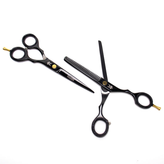 6" Japanese Steel Scissors & Razor Set - Gloss Black & 24k Gold - Barbarossa Brothers