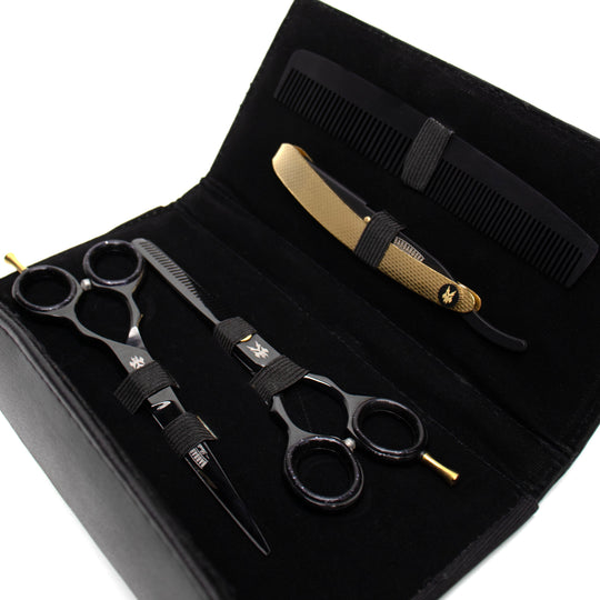 6" Japanese Steel Scissors & Razor Set - Gloss Black & 24k Gold - Barbarossa Brothers