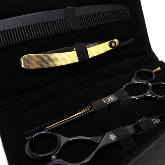6" Japanese Steel Scissors & Razor Set - Gloss Black & 24k Gold - Barbarossa Brothers