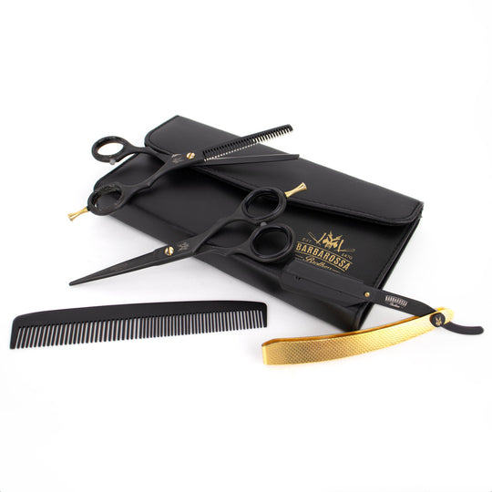 6" Japanese Steel Scissors & Razor Set - Matt Black & 24k Gold - Barbarossa Brothers