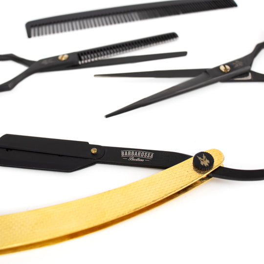 6" Japanese Steel Scissors & Razor Set - Matt Black & 24k Gold - Barbarossa Brothers