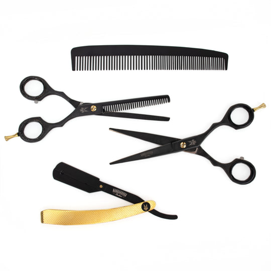 6" Japanese Steel Scissors & Razor Set - Matt Black & 24k Gold - Barbarossa Brothers