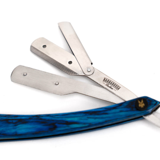 The Alexandria Cut Throat Razor - Wooden - Blue with Silver Blade Holder - Barbarossa Brothers