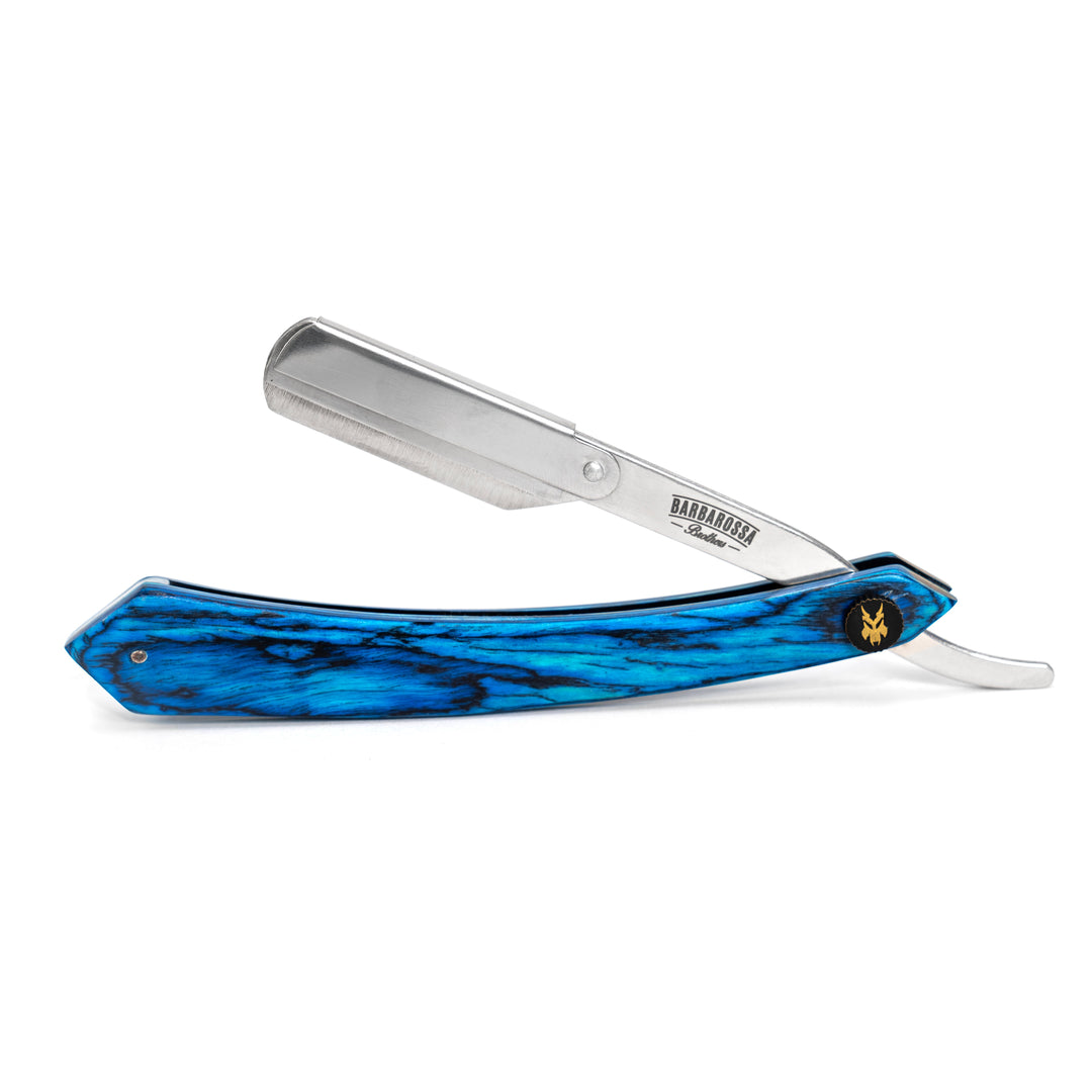 The Alexandria Cut Throat Razor - Wooden - Blue with Silver Blade Holder - Barbarossa Brothers