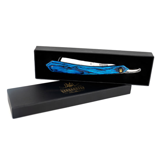 The Alexandria Cut Throat Razor - Wooden - Blue with Silver Blade Holder - Barbarossa Brothers