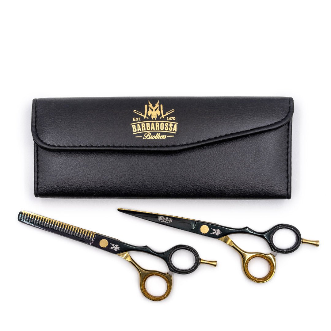 Japanese Steel 6" Cutting & Thinning Scissors Set - Matt Black & 24k Gold Plated - Barbarossa Brothers