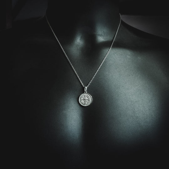 Men's Compass Pendant and Necklace - Silver Plated - Barbarossa Brothers