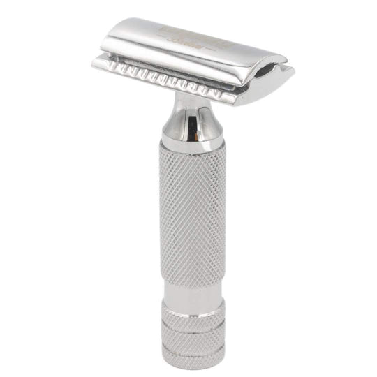 The Ottoman Stubby Double Edge Safety Razor - Polished Chrome Stainless Steel - Single Edge Shaving Razor in Polished Chrome - Barbarossa Brothers