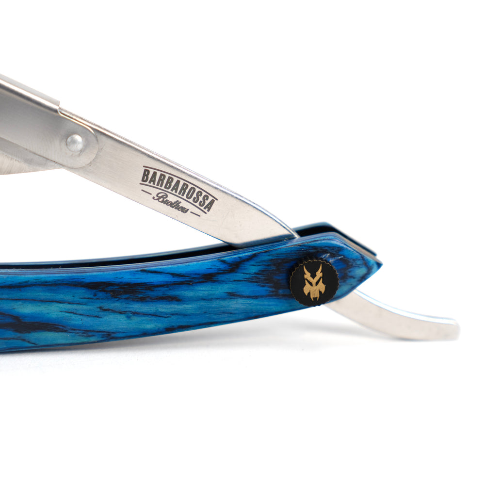 The Alexandria Cut Throat Razor - Wooden - Blue with Silver Blade Holder - Barbarossa Brothers