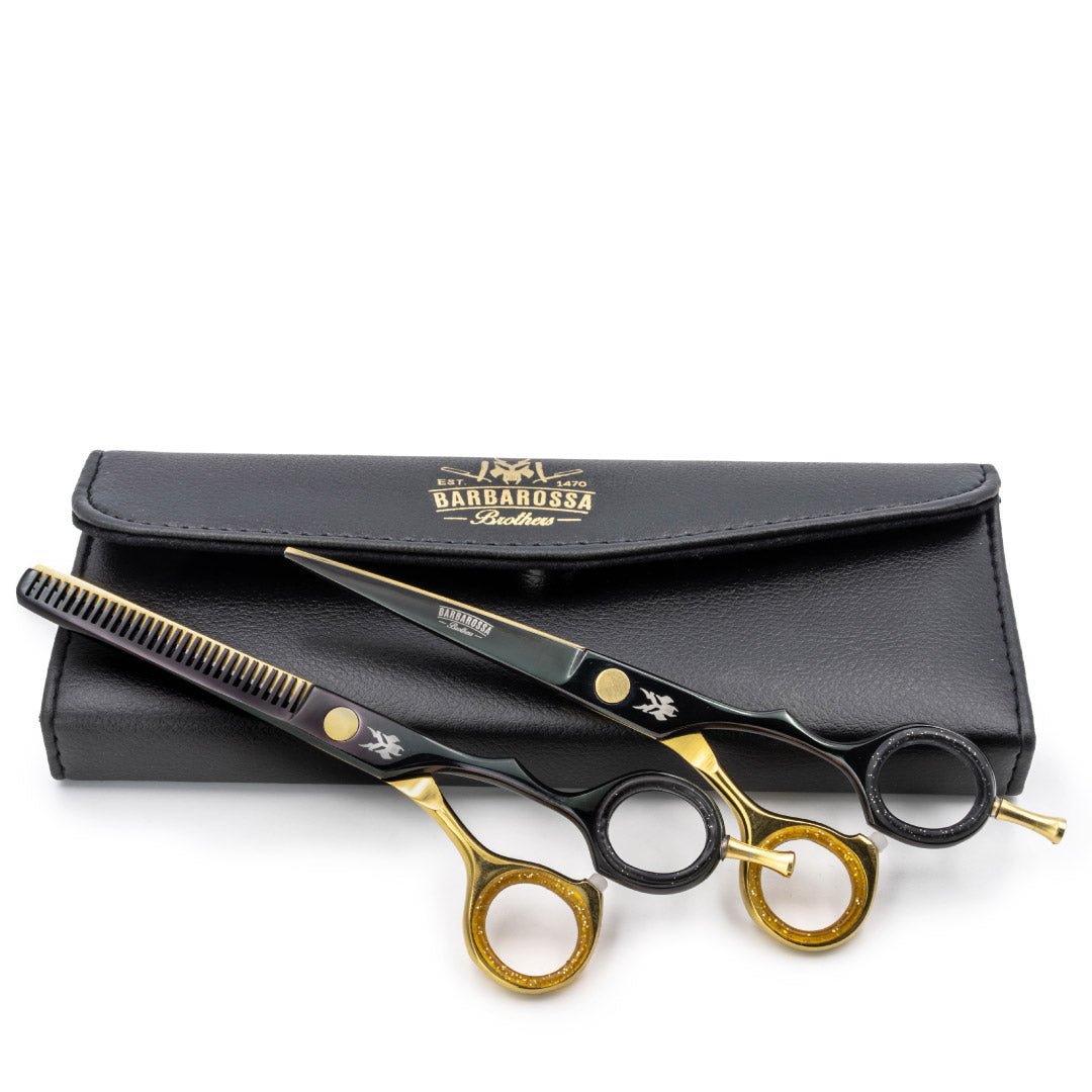 Japanese Steel 6" Cutting & Thinning Scissors Set - Matt Black & 24k Gold Plated - Barbarossa Brothers