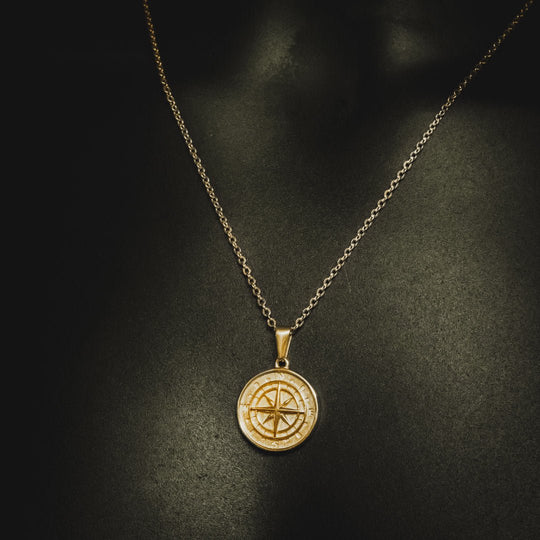 Men's Compass Pendant and Necklace - Gold Plated - Barbarossa Brothers