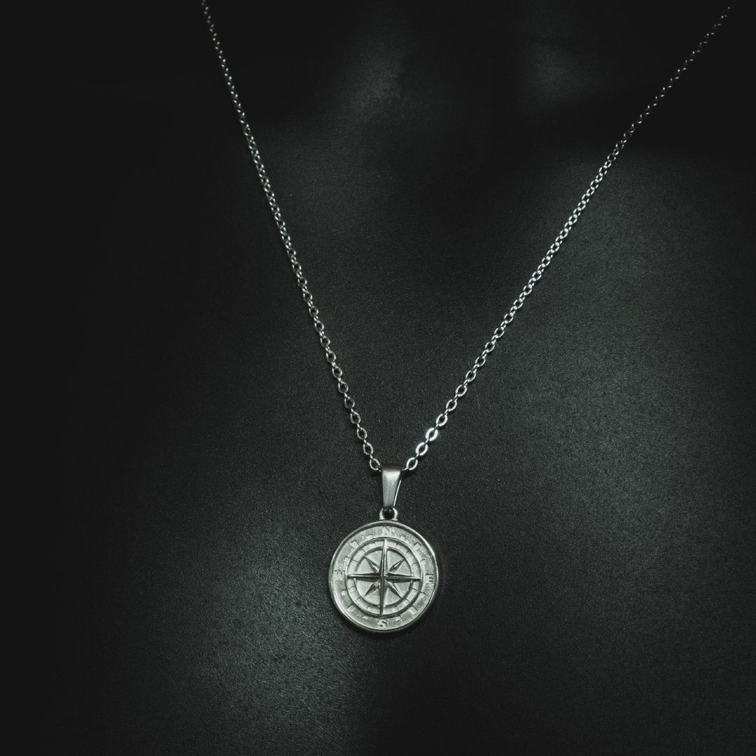 Men's Compass Pendant and Necklace - Silver Plated - Barbarossa Brothers