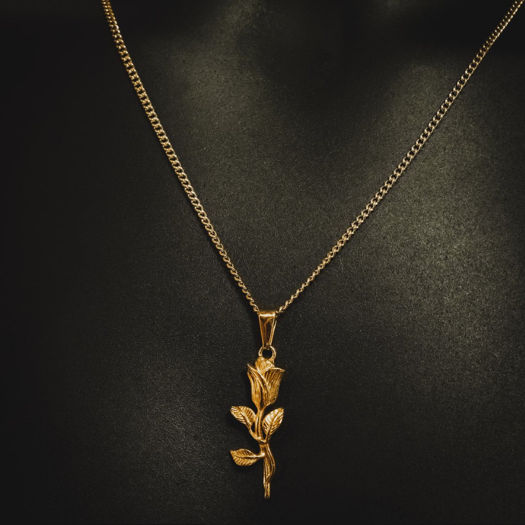 Men's Rose Pendant and Chain Necklace - Gold Plated - Barbarossa Brothers