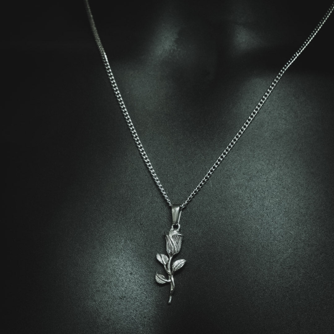Men's Rose Pendant and Chain Necklace - Silver Plated - Barbarossa Brothers
