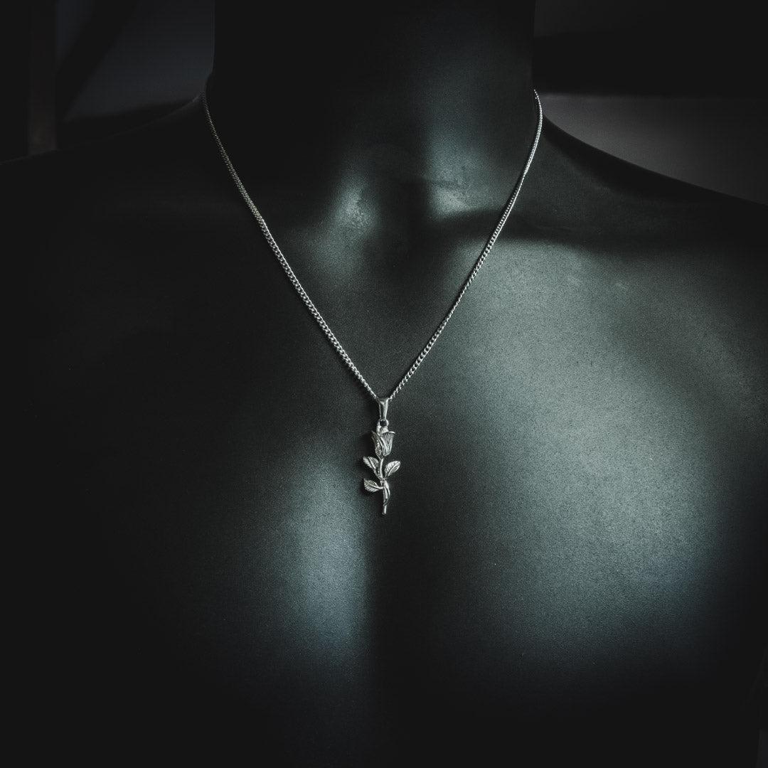 Men's Rose Pendant and Chain Necklace Silver Plated – Barbarossa