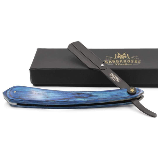 The Alexandria Cut Throat Razor - Wooden - Blue with Black Blade Holder - Barbarossa Brothers