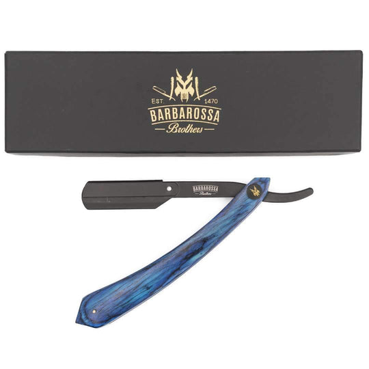The Alexandria Cut Throat Razor - Wooden - Blue with Black Blade Holder - Barbarossa Brothers