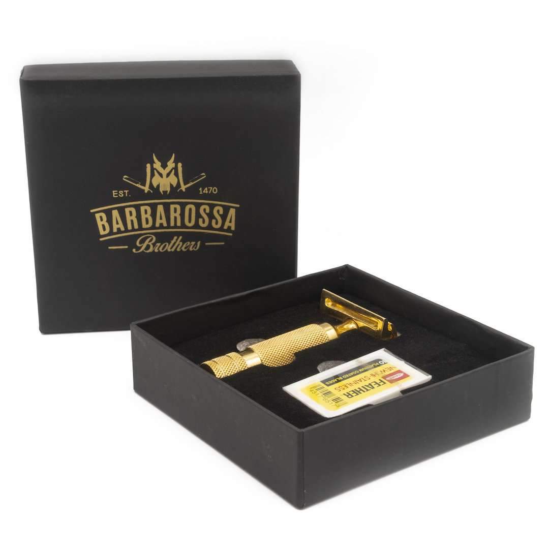 The Ottoman Stubby Double Edge Safety Razor - 24k Gold Plated Stainless Steel - Single Blade Shaving Razor - Barbarossa Brothers